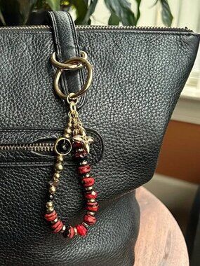 New BEADED Bag Charm Murano, Red Black Gold Tone